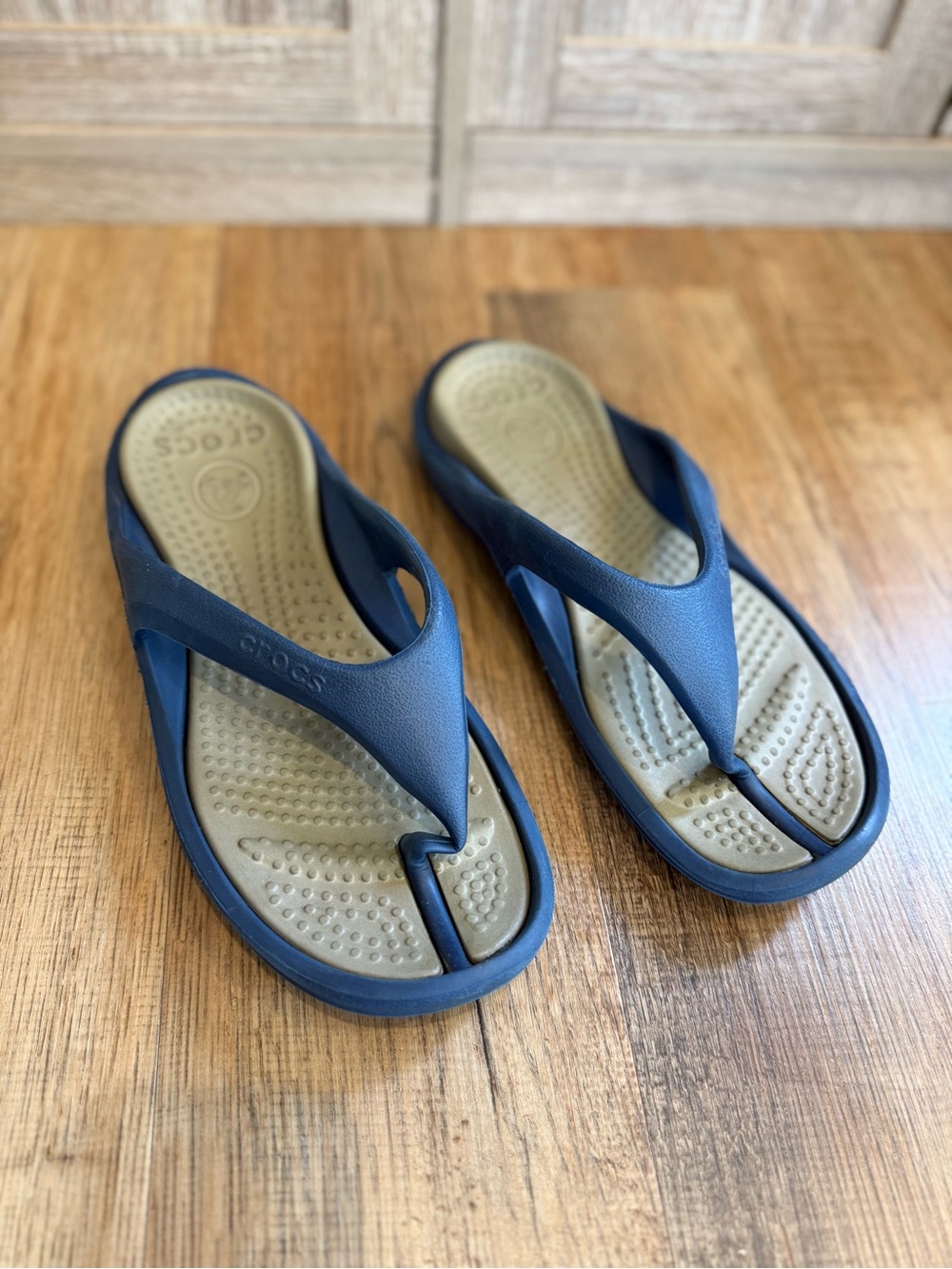 CROCS Navy and Tan Women's Flip Sandals